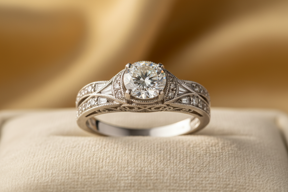 Vintage ring with halo diamond on beige fabric