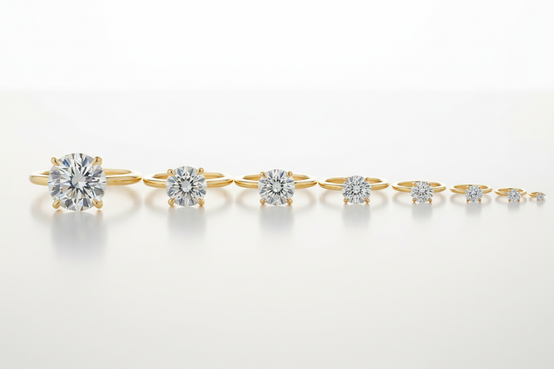 Examples of different solitaire size stones set in yellow gold