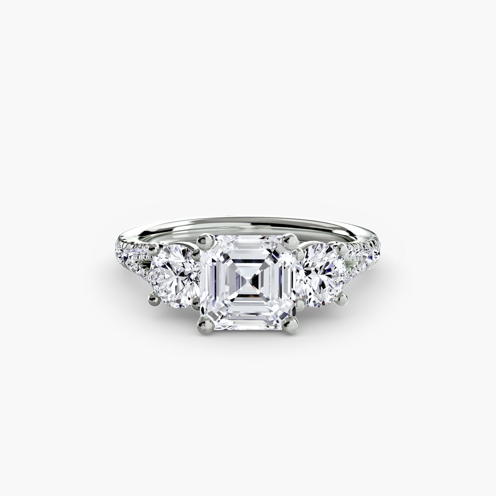 18K White Gold Asscher cut lab grown diamond ring - Three-Stone with Pavé Band 3
