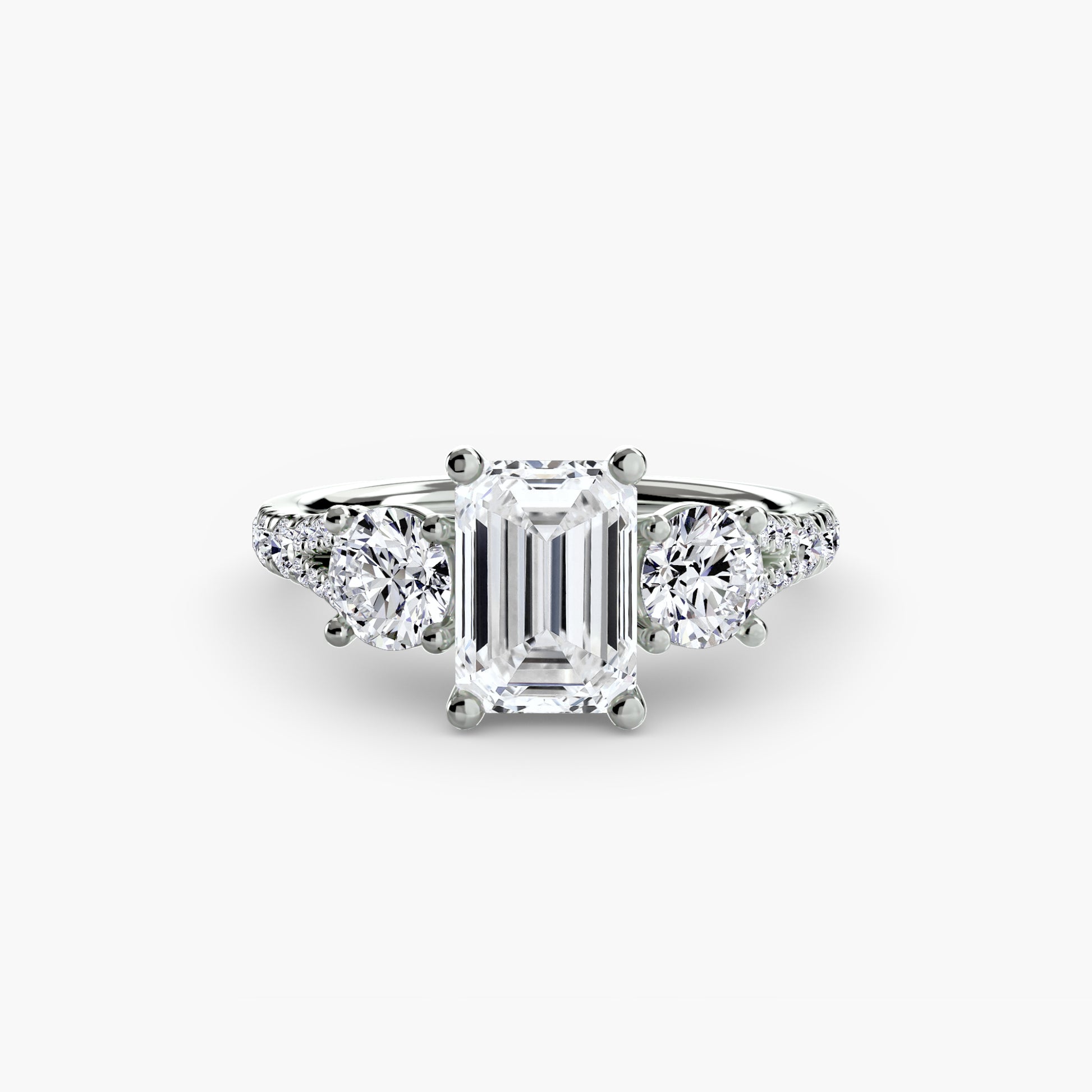 18K White Gold Emerald cut lab grown diamond ring - Three-Stone with Pavé Band 3