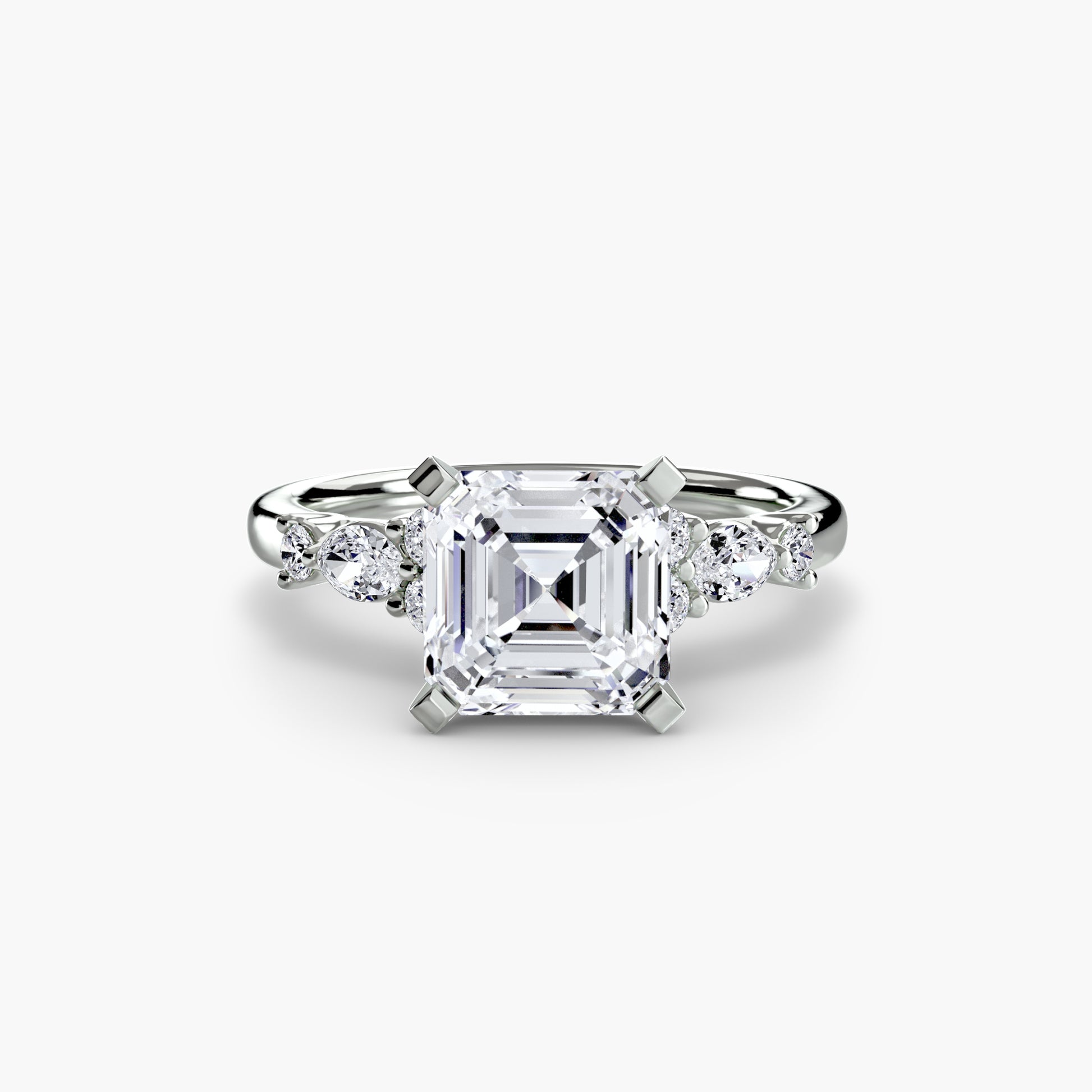 18K White Gold Asscher cut lab grown diamond ring - The Floral Accent Solitaire