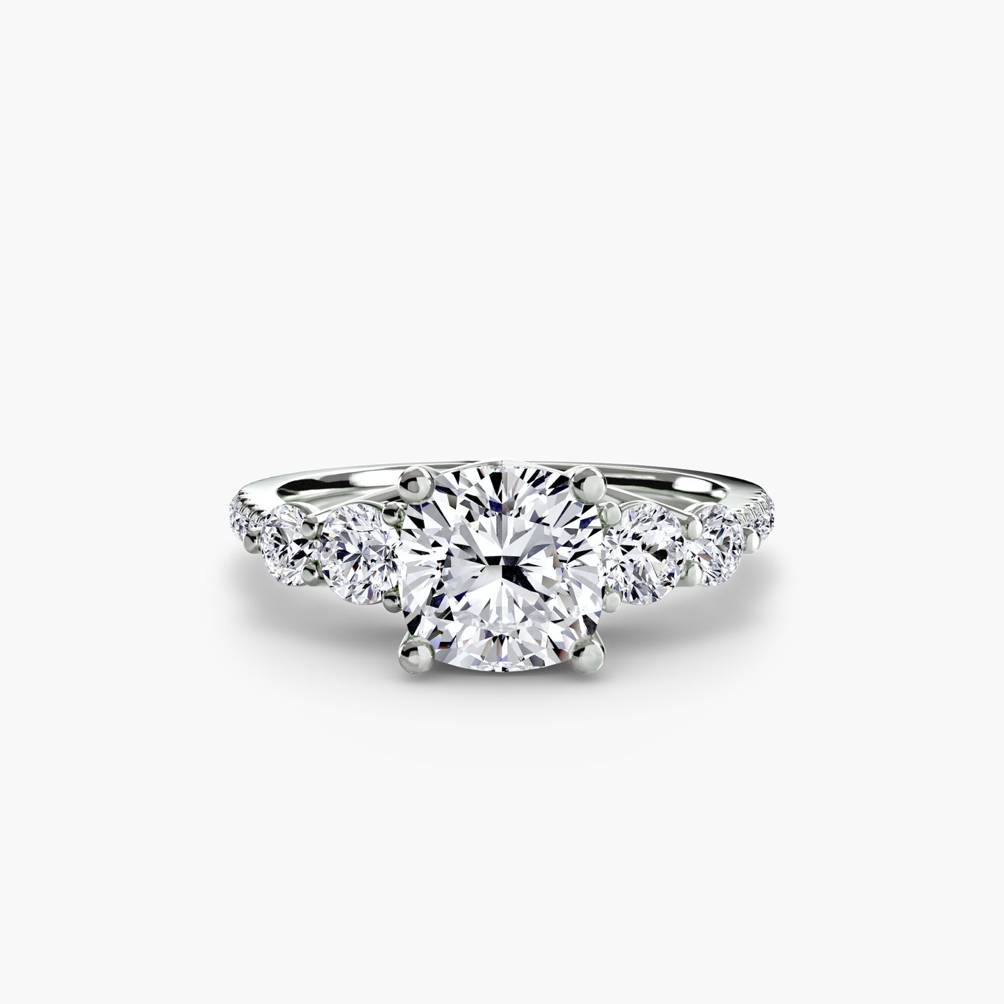18K White Gold Cushion cut lab grown diamond ring - Five Stone Ring with Pavé Band
