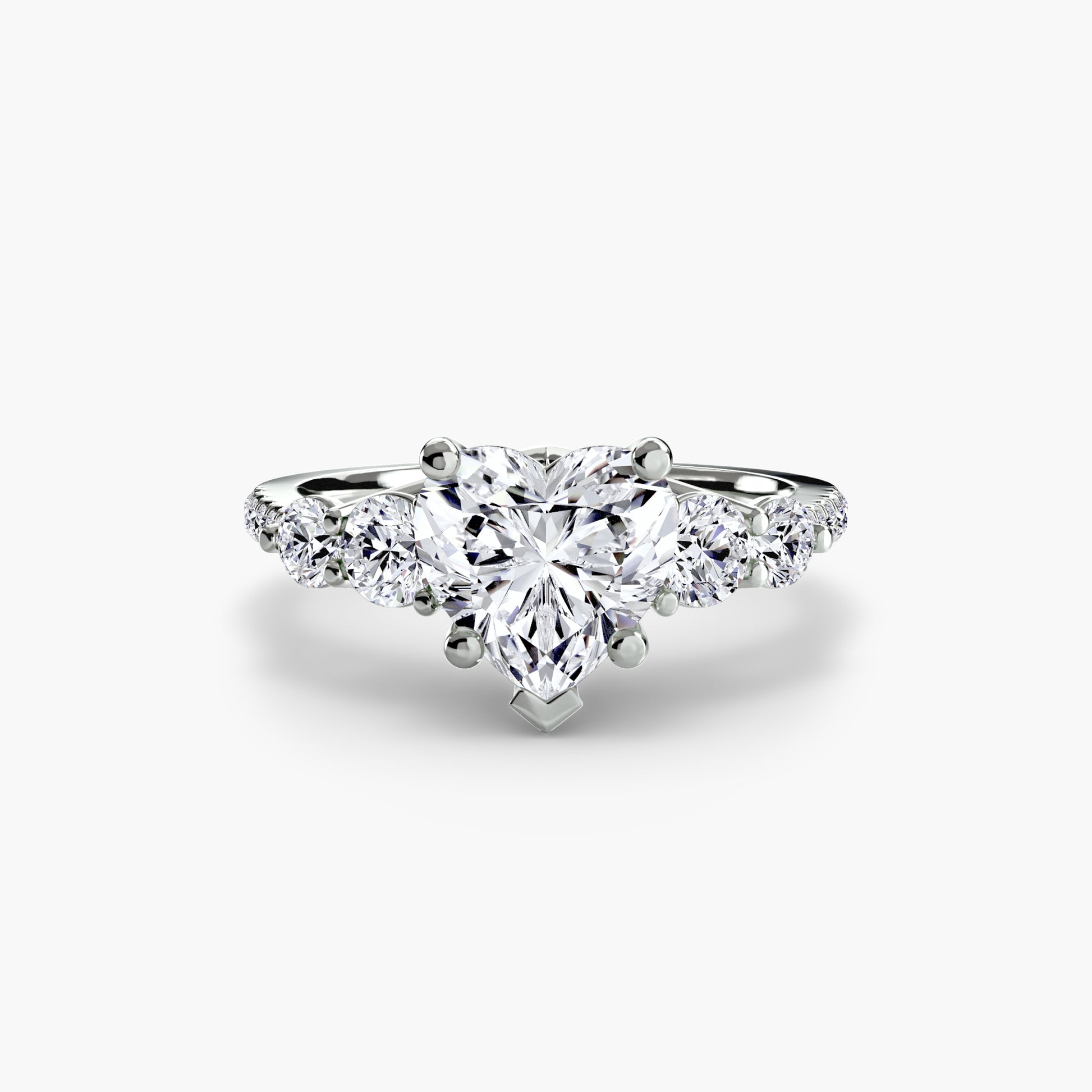 18K White Gold Heart cut lab grown diamond ring - Five Stone Ring with Pavé Band