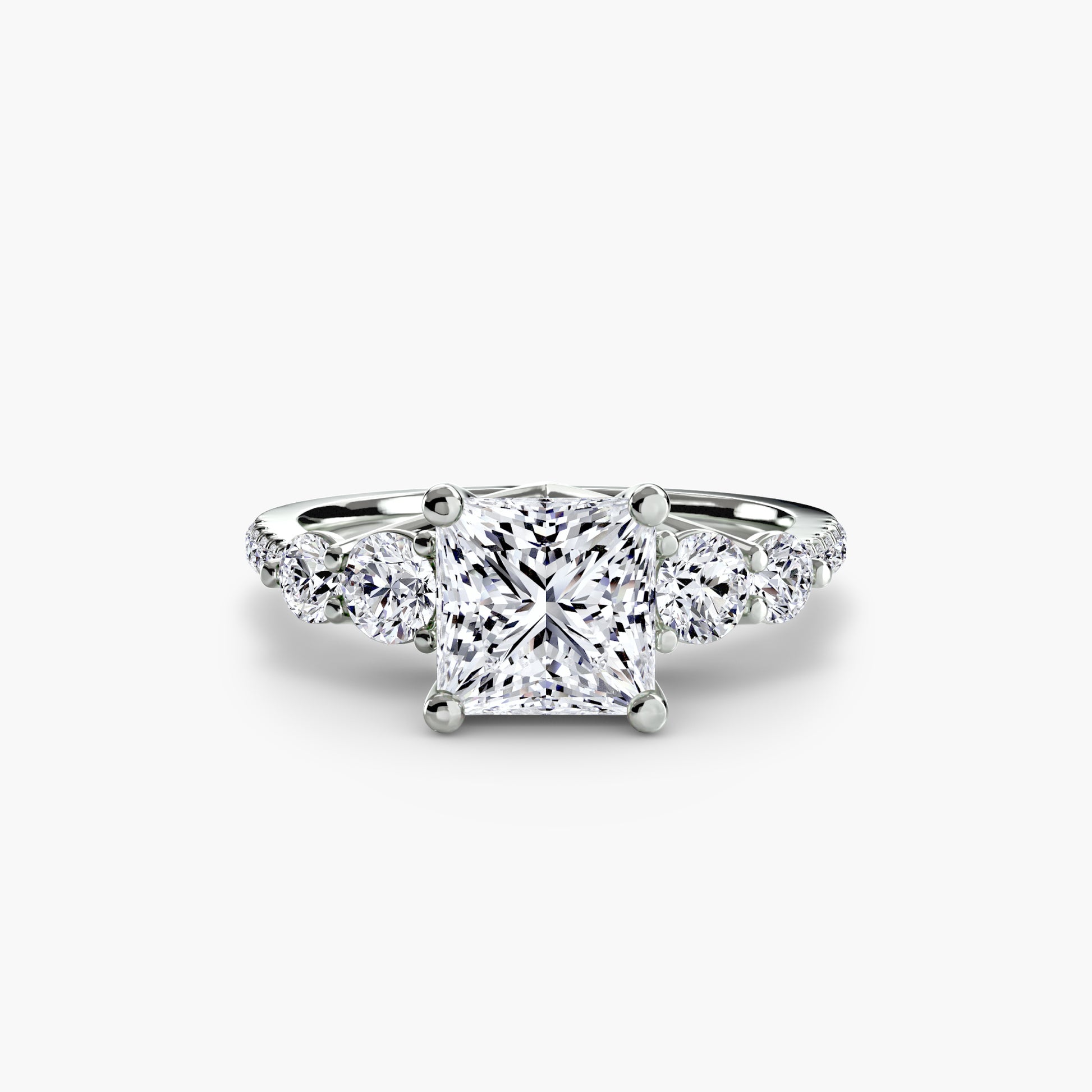 18K White Gold Princess cut lab grown diamond ring - Five Stone Ring with Pavé Band